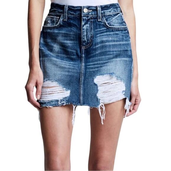 L’AGENCE Jolene Denim Raw Edge Mini Skirt Destructed Newberry Blue - Picture 2 of 9